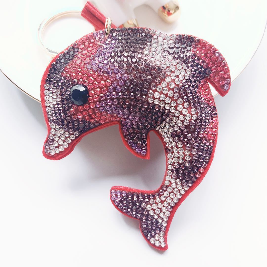 Cute dolphin keychain, trendy Korean style, velvet rhinestone key chain, marine life bag charm, in stock.