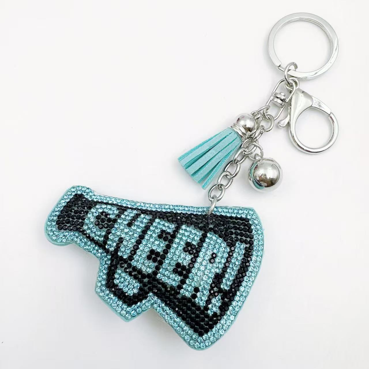 New Korean style velvet rhinestone letter CHEER keychain, a gift for customers, featuring a rhinestone horn pattern on a bag or key chain.