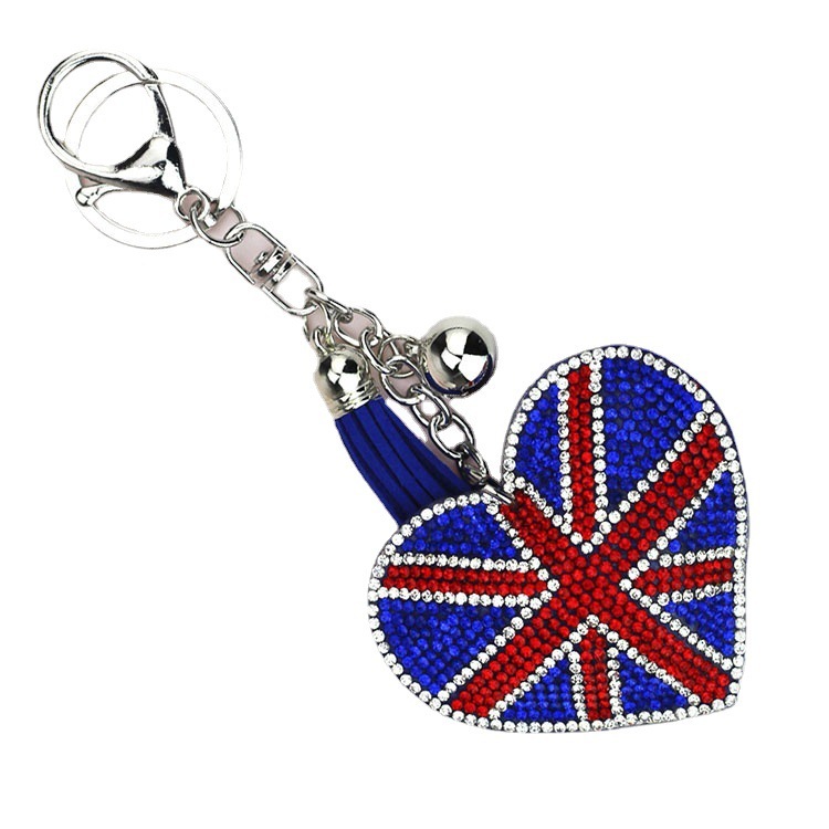 New cross-border hot-selling Korean velvet rhinestone-studded national flag heart bag charm, fashionable tassel keychain, heart-shaped ornament.