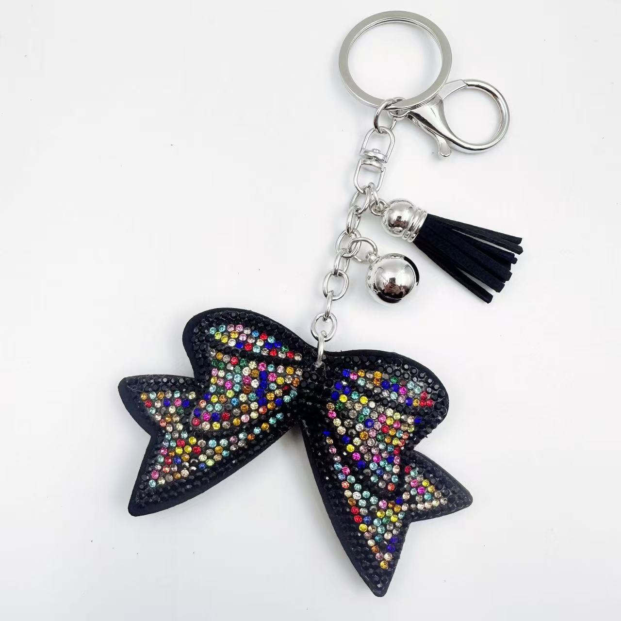 Creative rhinestone leopard print keychain, Korean velvet rhinestone bow keychain, bag tassel leather pendant