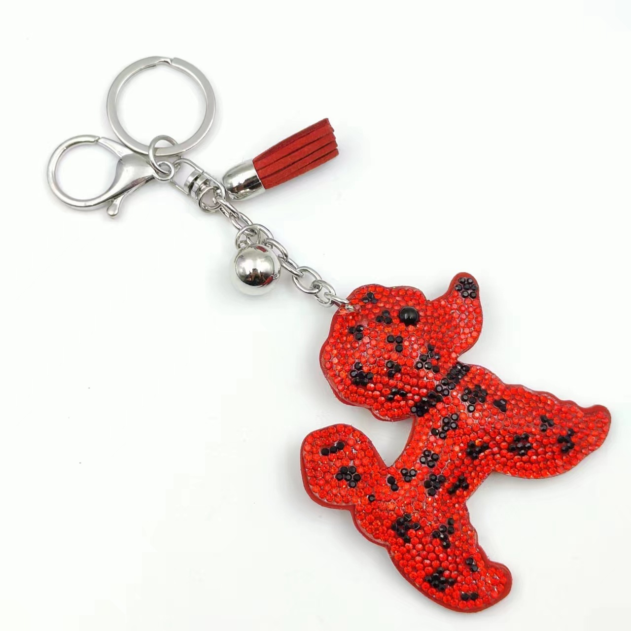 Wholesale two-tone teddy bear plush keychains with hot-fix rhinestones, fashionable plush tassel women's bag charms