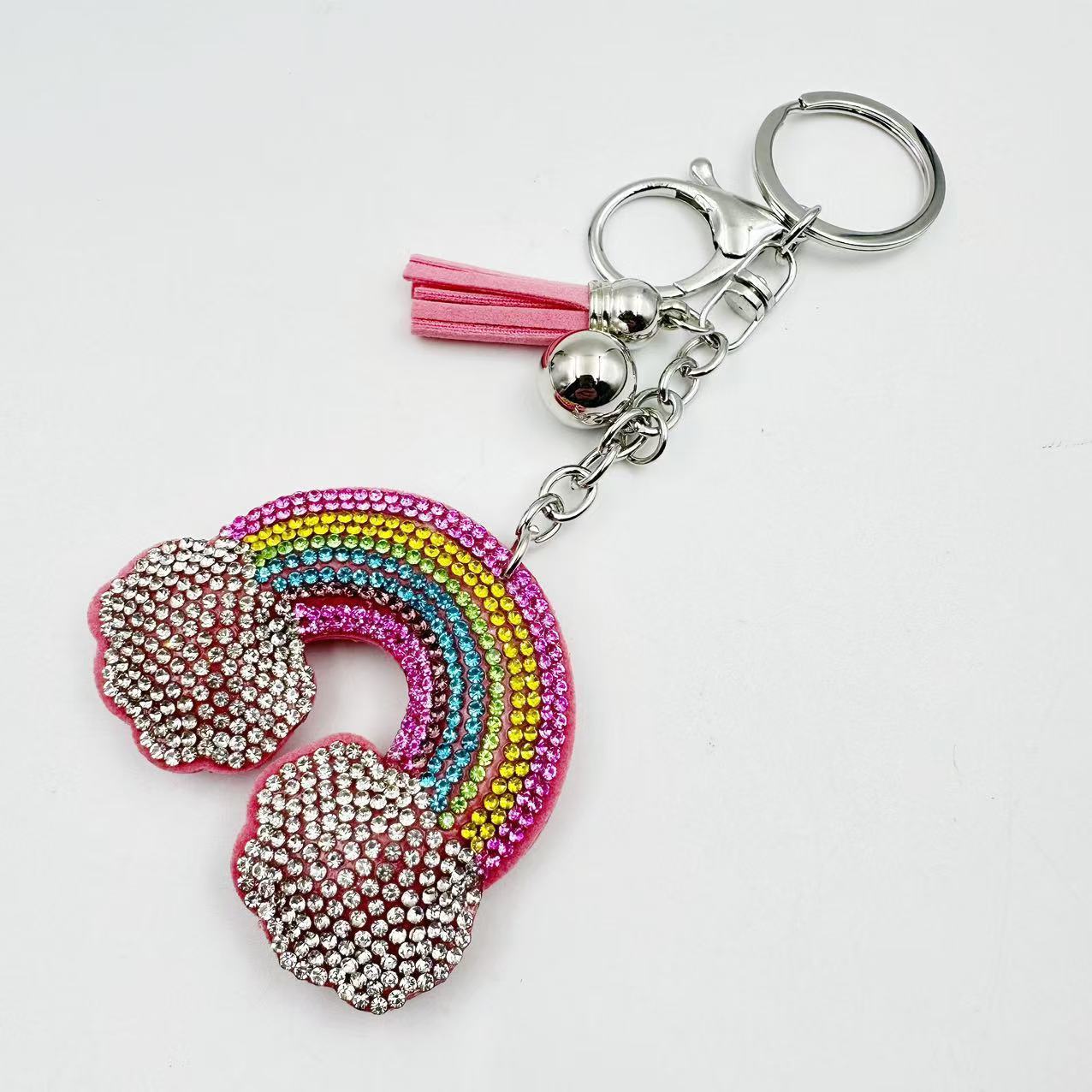 Cross-border popular rainbow Korean velvet rhinestone keychain, fashionable tassel electroplated sphere bag/car pendant DIY
