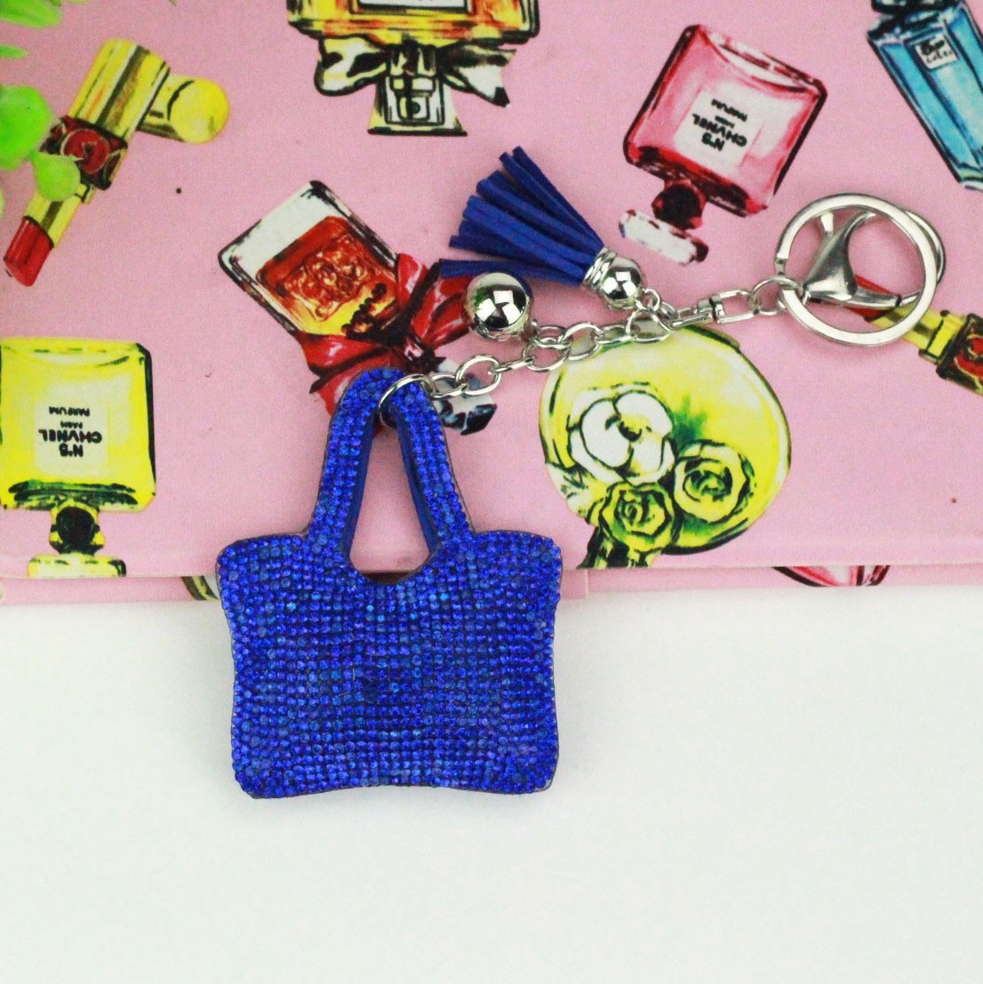 New cross-border tassel monochrome rainbow bag with hot-fix rhinestones, Korean velvet keychain, clothing bag, car pendant, DIY ornament