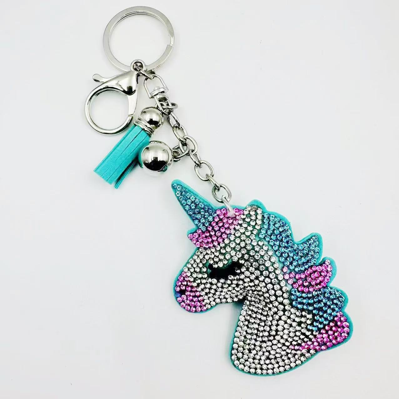 New cross-border cute cartoon unicorn hot-fix rhinestone keychain, fashionable rhinestone crystal tassel bag pendant manufacturer
