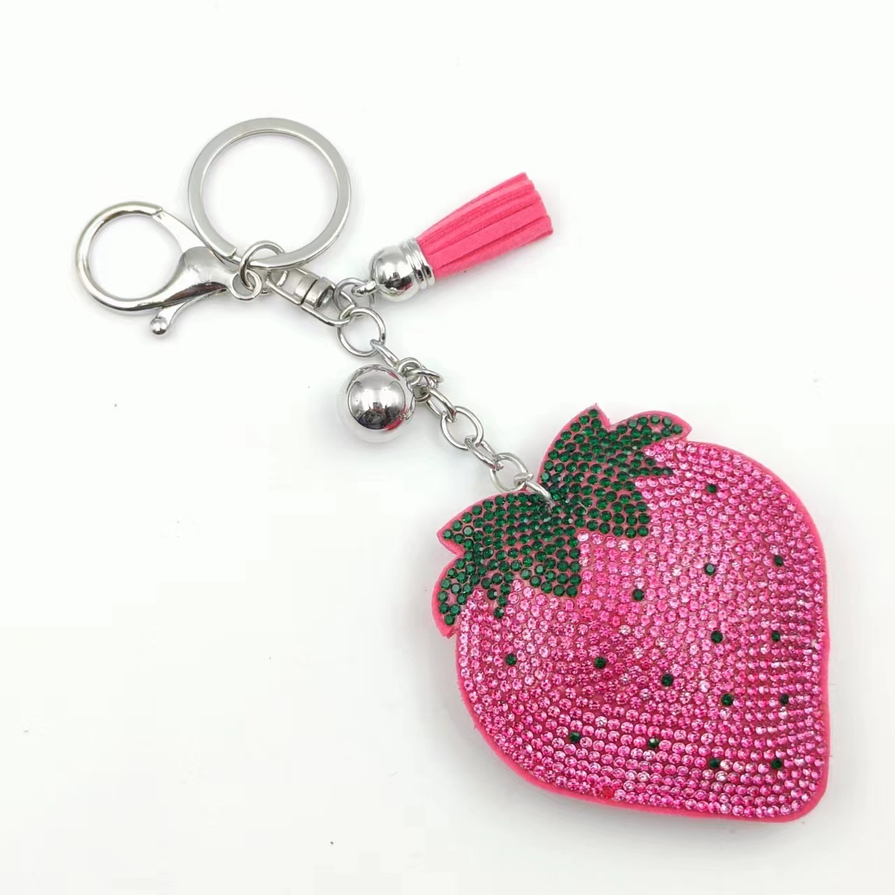 Hot-selling tassel rhinestone strawberry women's bag charm on AliExpress, fashionable Korean style, hot-stamped rhinestone two-tone key.