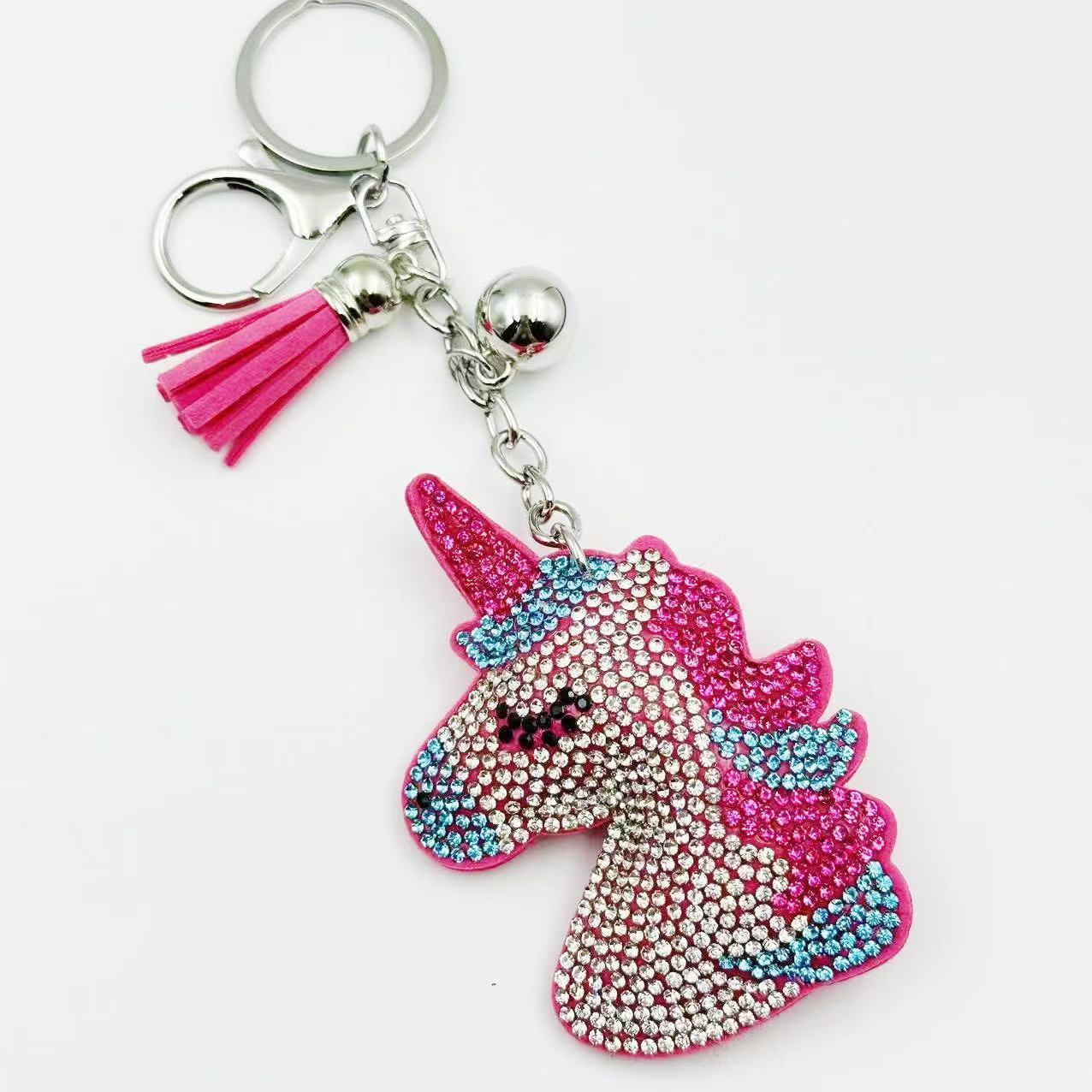 New cross-border cute cartoon unicorn hot-fix rhinestone keychain, fashionable rhinestone crystal tassel bag pendant manufacturer