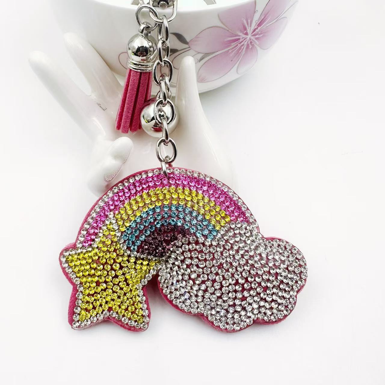 Cross-border popular rainbow Korean velvet rhinestone keychain, fashionable tassel electroplated sphere bag/car pendant DIY