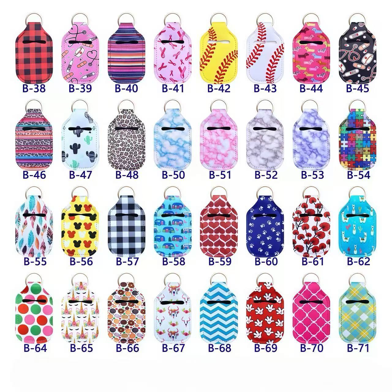 Wholesale hand sanitizer bottle covers and keychains.