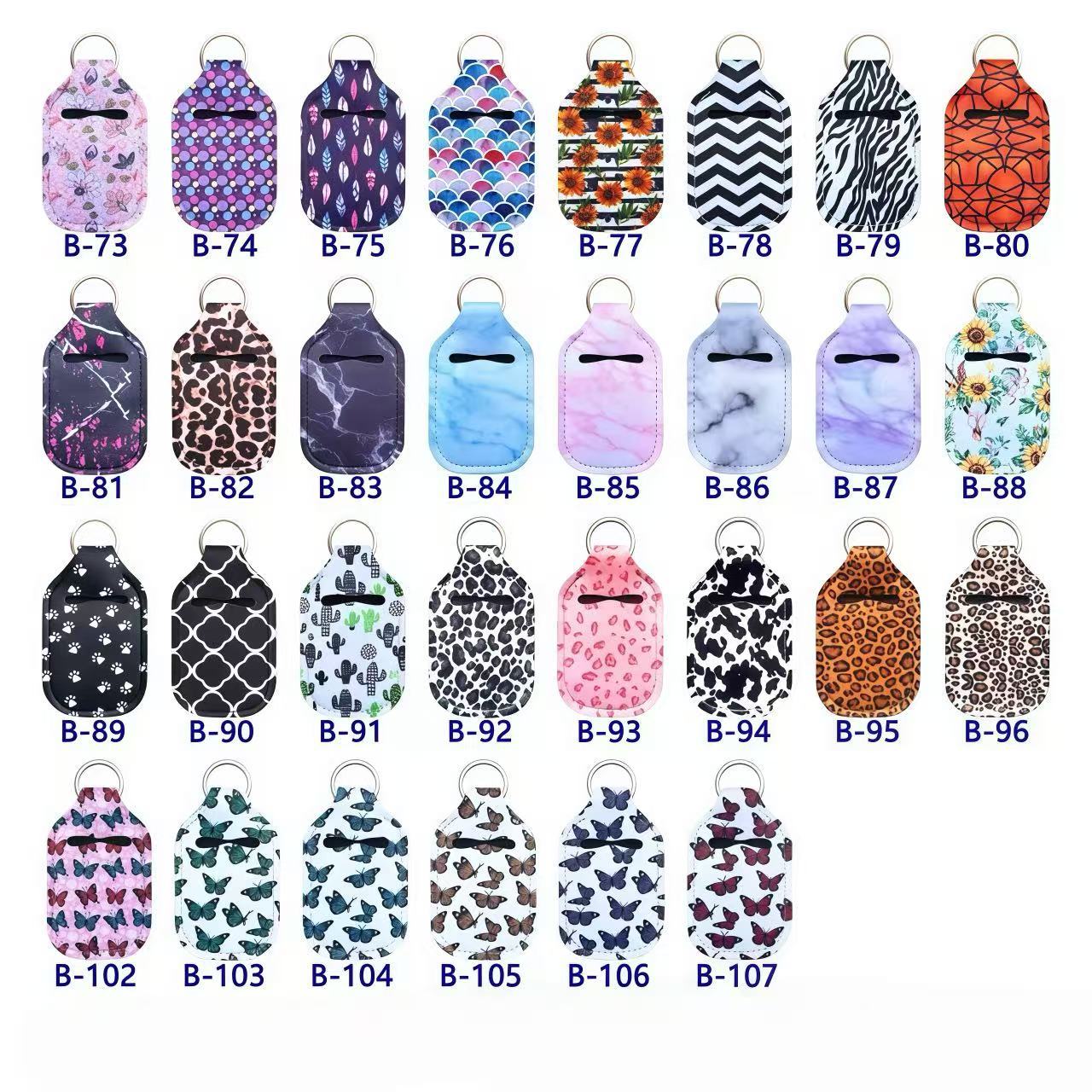 Wholesale hand sanitizer bottle covers and keychains.