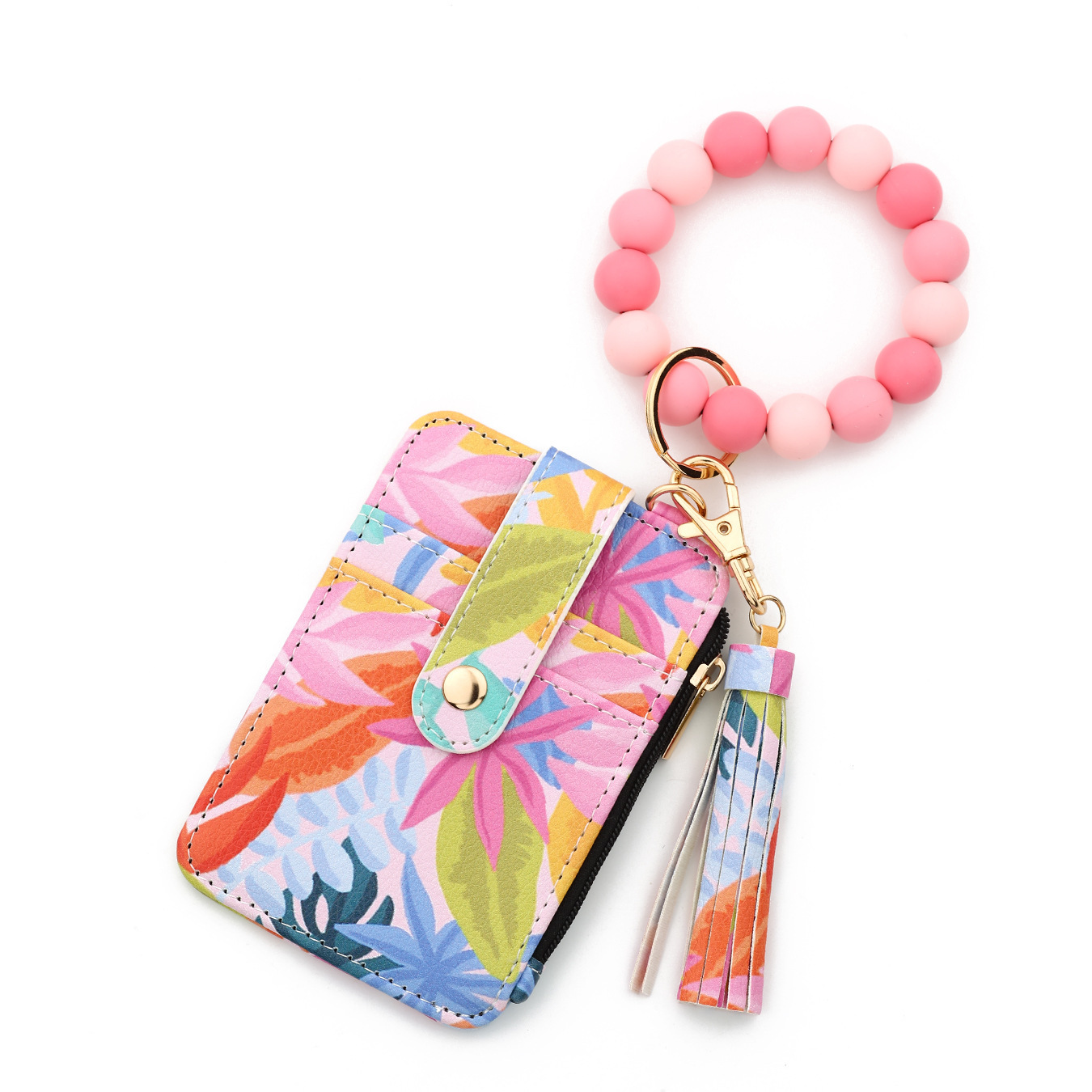 TK Spot European and American Cross-Border PU Leather Printed Card Holder, Floral Women's Wallet, Silicone Bead Bracelet, Keychain