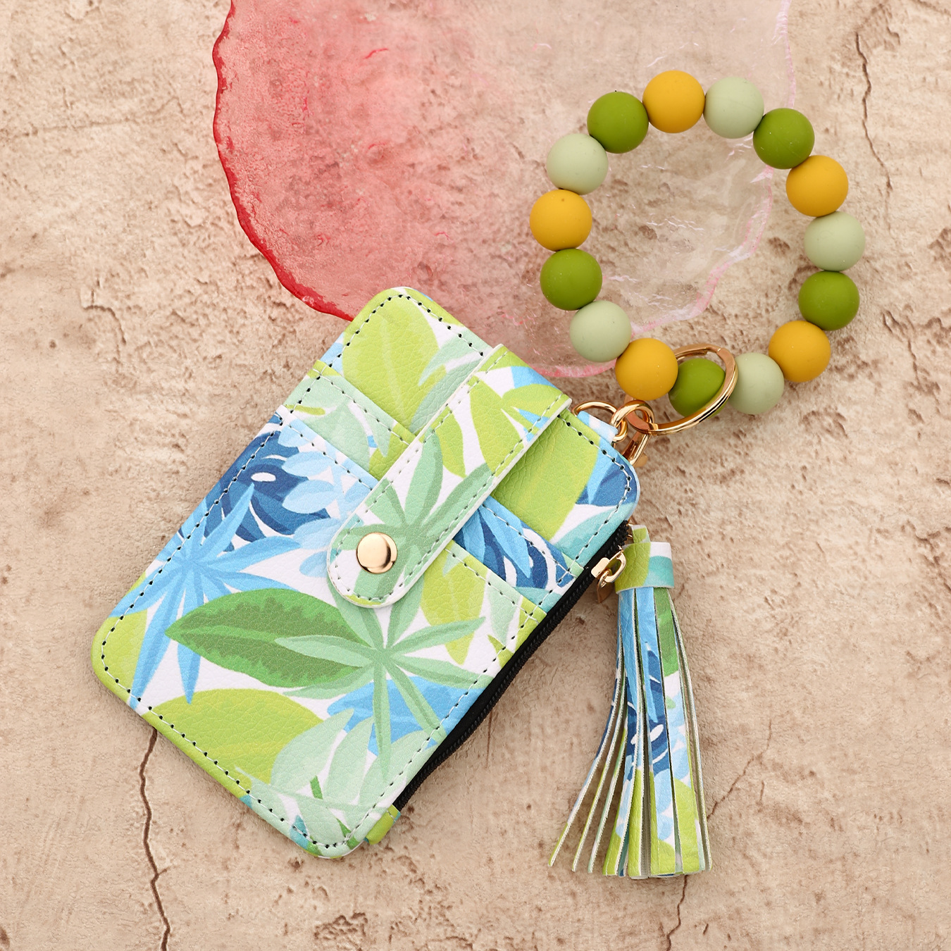 TK Spot European and American Cross-Border PU Leather Printed Card Holder, Floral Women's Wallet, Silicone Bead Bracelet, Keychain