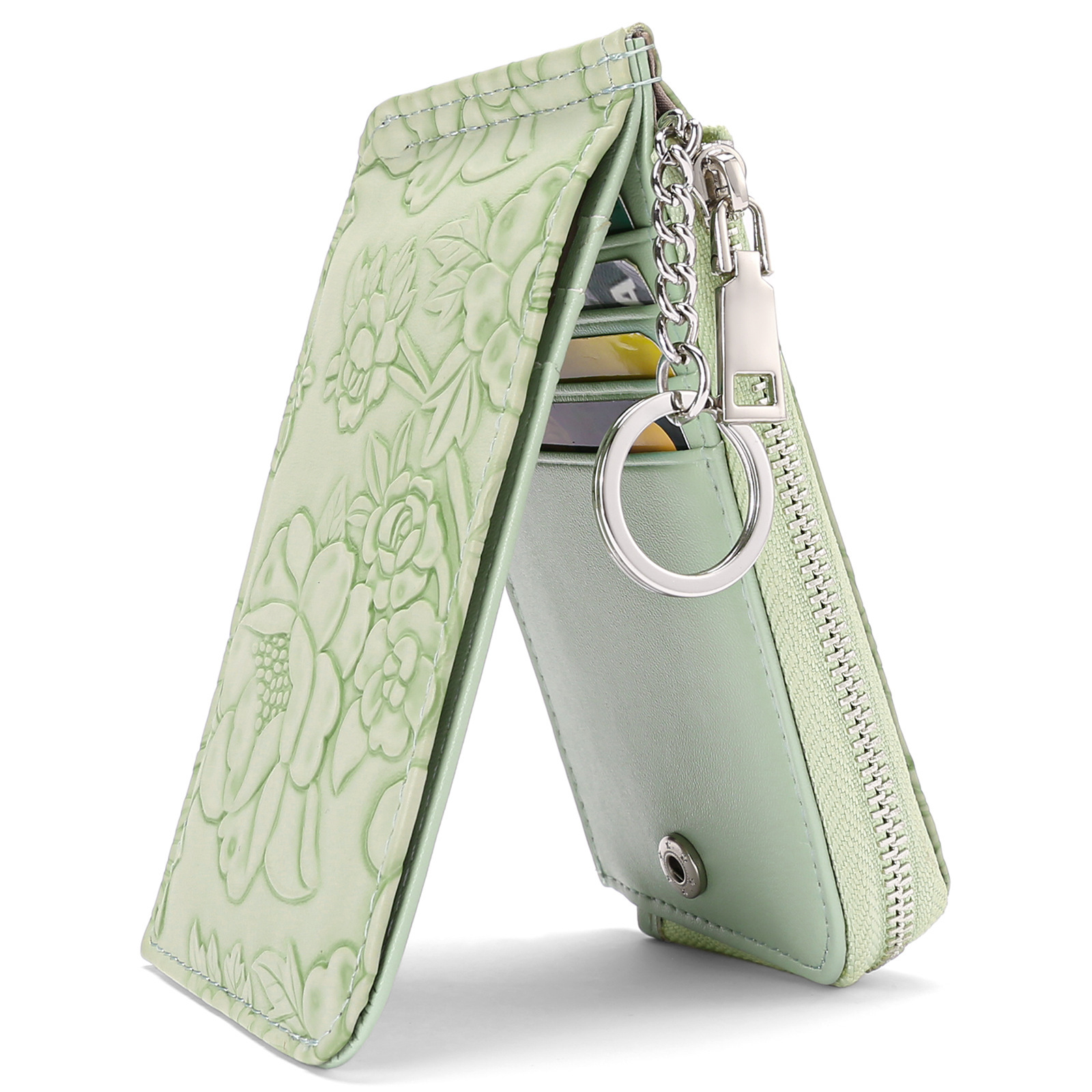 New cross-border zippered card holder with embossed design, large capacity, multiple card slots, women's coin purse with key ring.