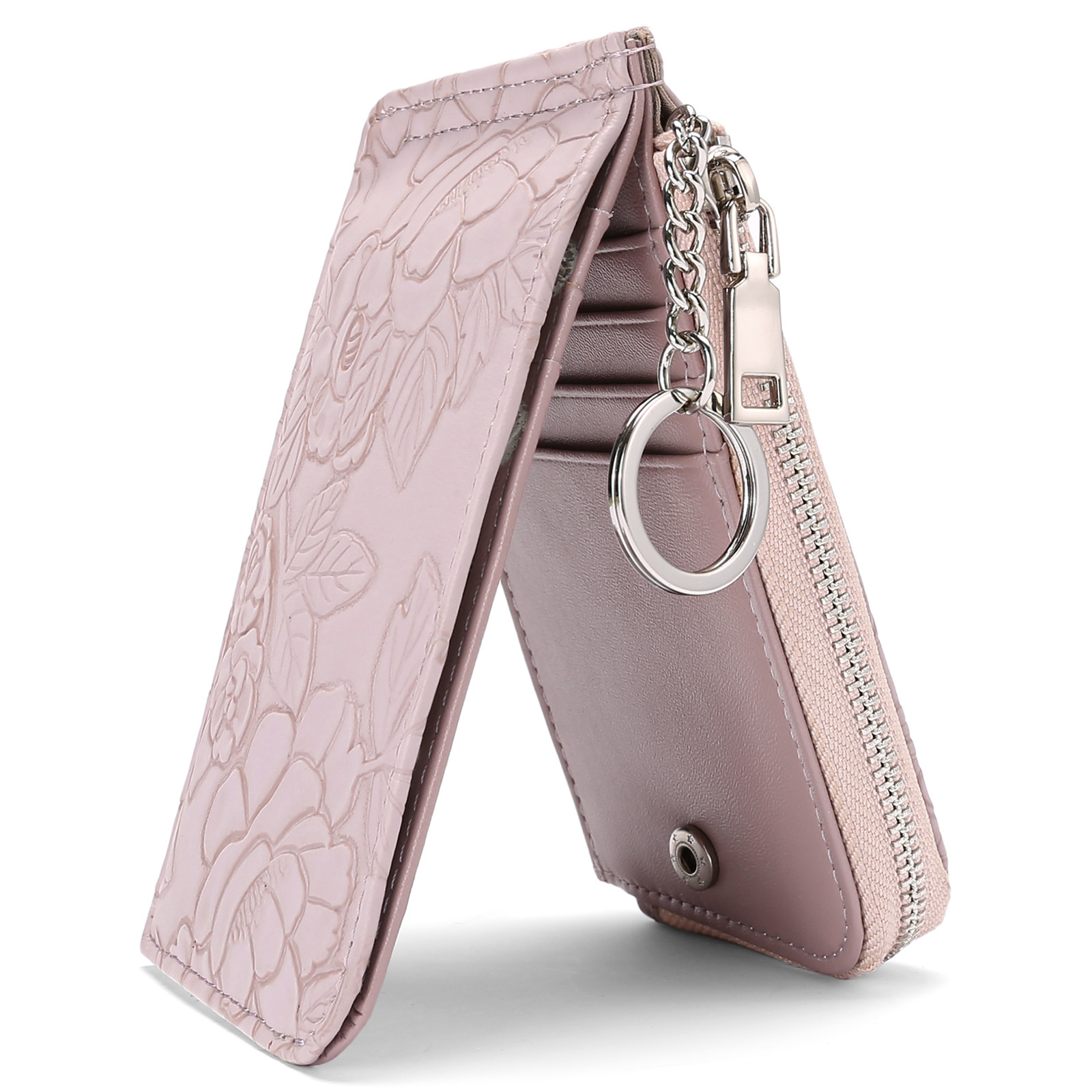 New cross-border zippered card holder with embossed design, large capacity, multiple card slots, women's coin purse with key ring.
