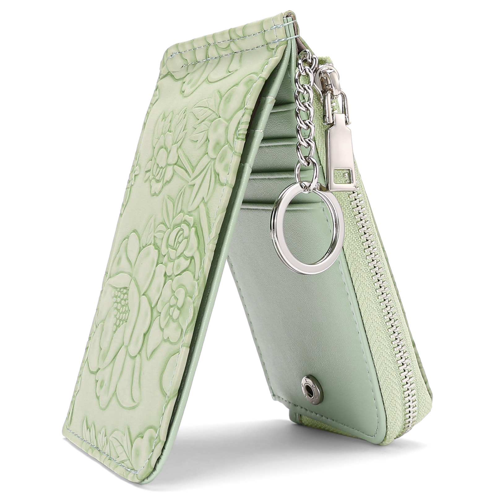 New cross-border zippered card holder with embossed design, large capacity, multiple card slots, women's coin purse with key ring.