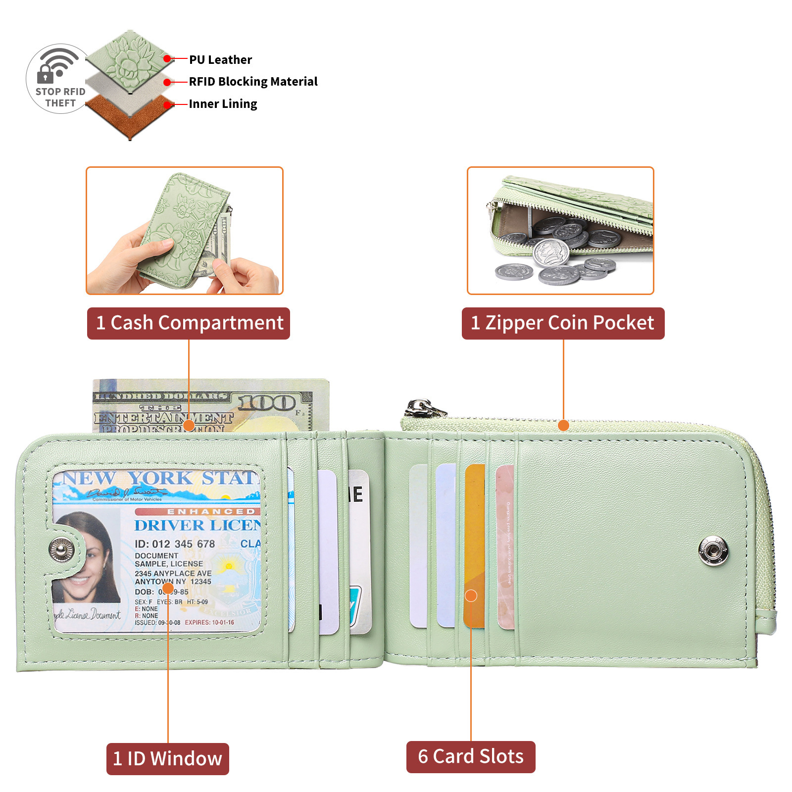 New cross-border zippered card holder with embossed design, large capacity, multiple card slots, women's coin purse with key ring.