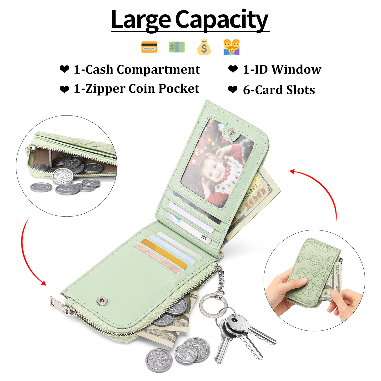 New cross-border zippered card holder with embossed design, large capacity, multiple card slots, women's coin purse with key ring.