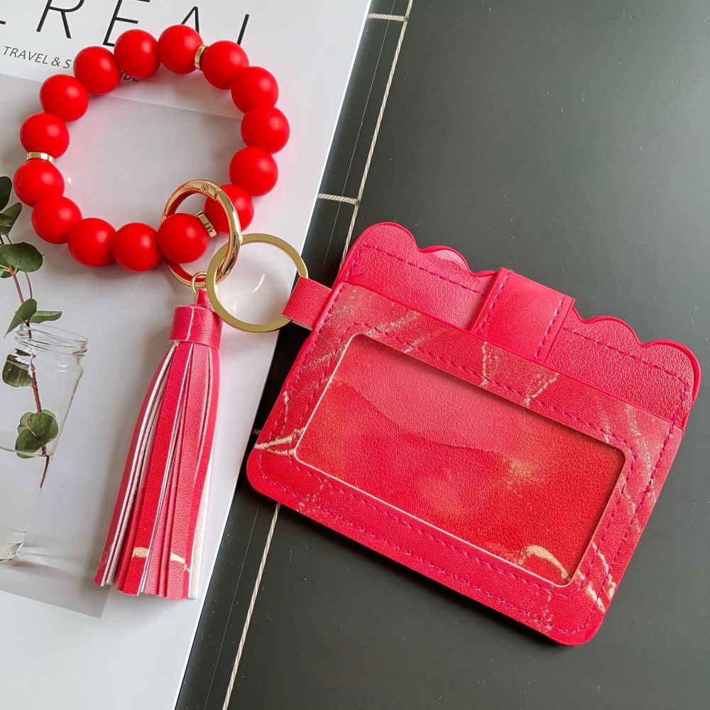 Cross-border Amazon PU printed card holder, European and American style ink painting women's ID card holder, leather tassel pendant.