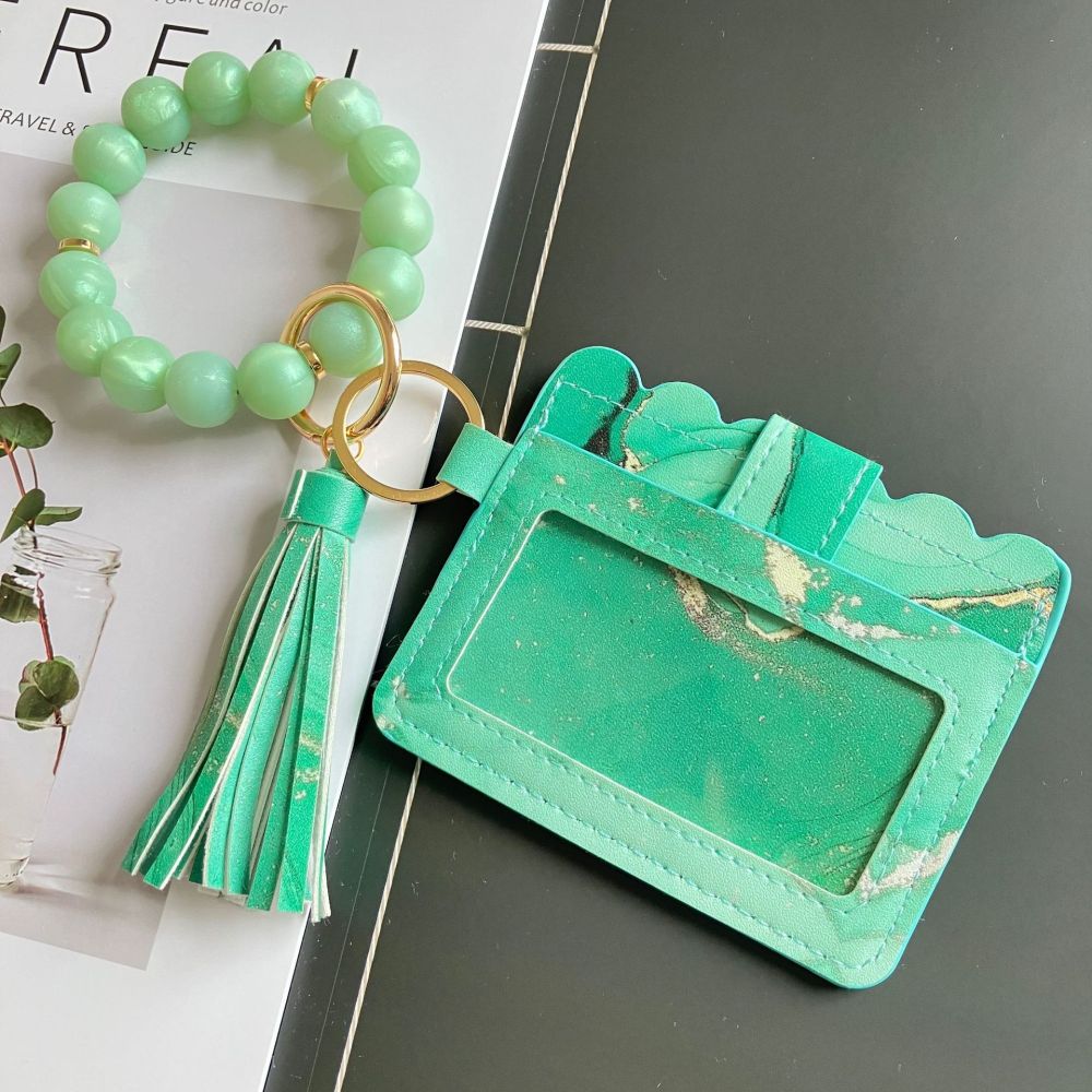 Cross-border Amazon PU printed card holder, European and American style ink painting women's ID card holder, leather tassel pendant.