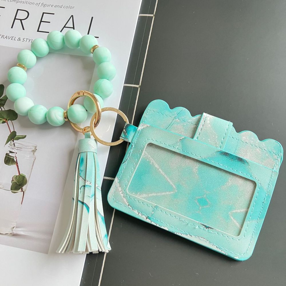 Cross-border Amazon PU printed card holder, European and American style ink painting women's ID card holder, leather tassel pendant.