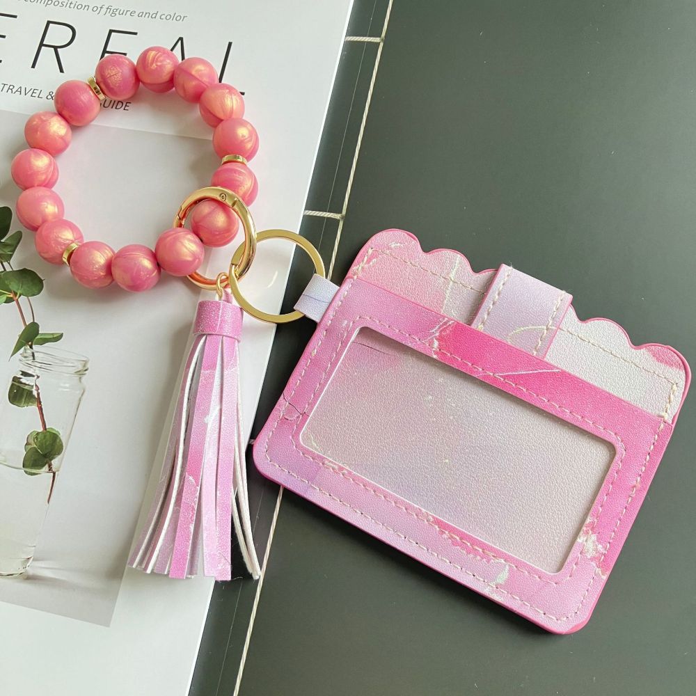 Cross-border Amazon PU printed card holder, European and American style ink painting women's ID card holder, leather tassel pendant.