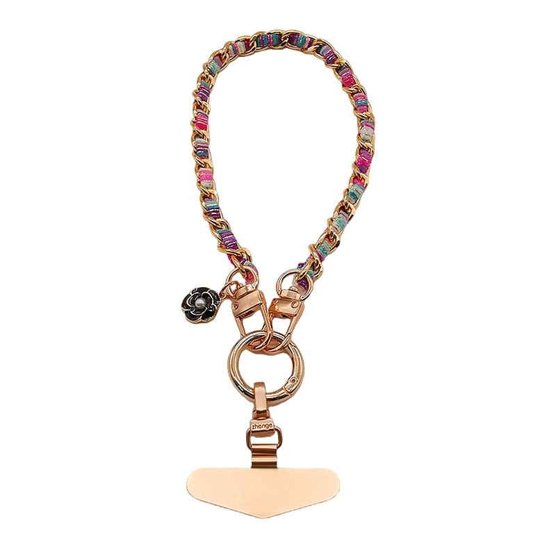 Mobile phone lanyard, Chanel-style camellia pendant, mobile phone chain, wrist charm, short and fashionable metal chain.