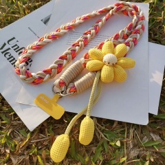 Crossbody style 【 Orange and white with gold accents 】 Flower-patterned six-strand ponytail braided lanyard + yellow long clip