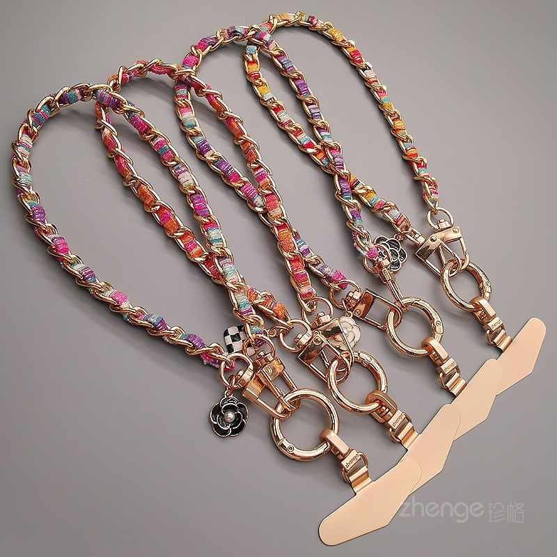 Mobile phone lanyard, Chanel-style camellia pendant, mobile phone chain, wrist charm, short and fashionable metal chain.