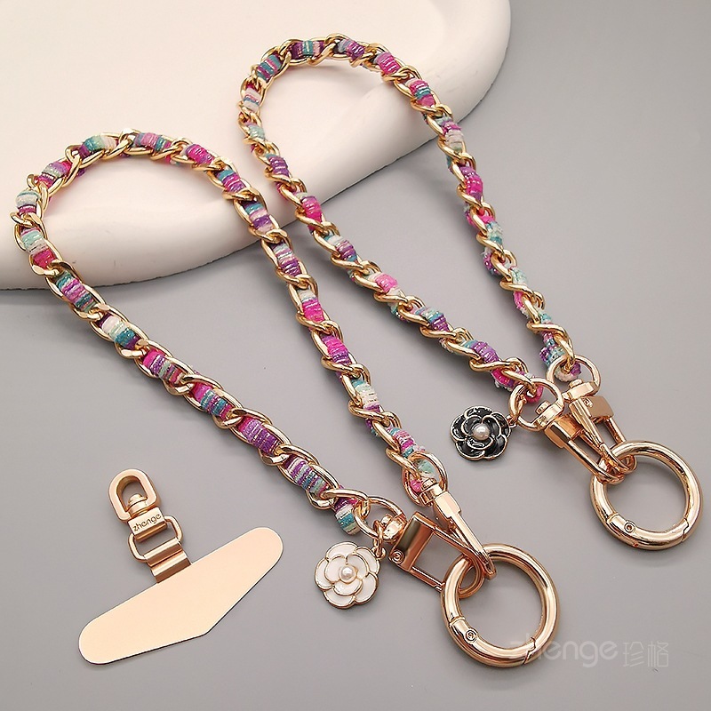 Mobile phone lanyard, Chanel-style camellia pendant, mobile phone chain, wrist charm, short and fashionable metal chain.
