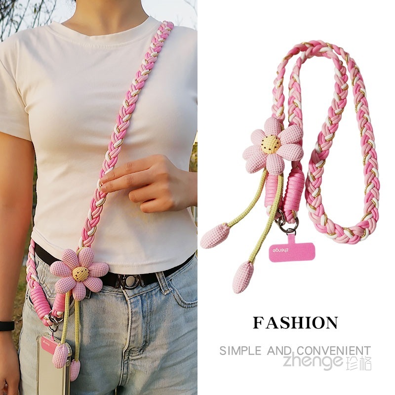 Women's long crossbody or shoulder strap with floral hand-woven rope, sturdy and durable, outdoor anti-loss rope.