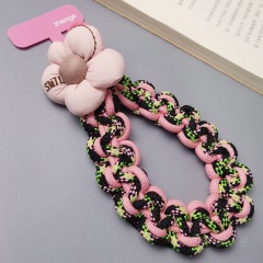 【Pink, Green and Black】Multi-strand curly flower braided bracelet + pink long clip