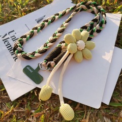 Crossbody style 【 Black, green, and gold 】 Floral six-strand ponytail braided lanyard + dark green long clip