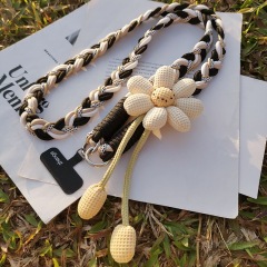 Crossbody style 【 Black and white with gold accents 】 Floral six-strand ponytail braided lanyard + black long clip