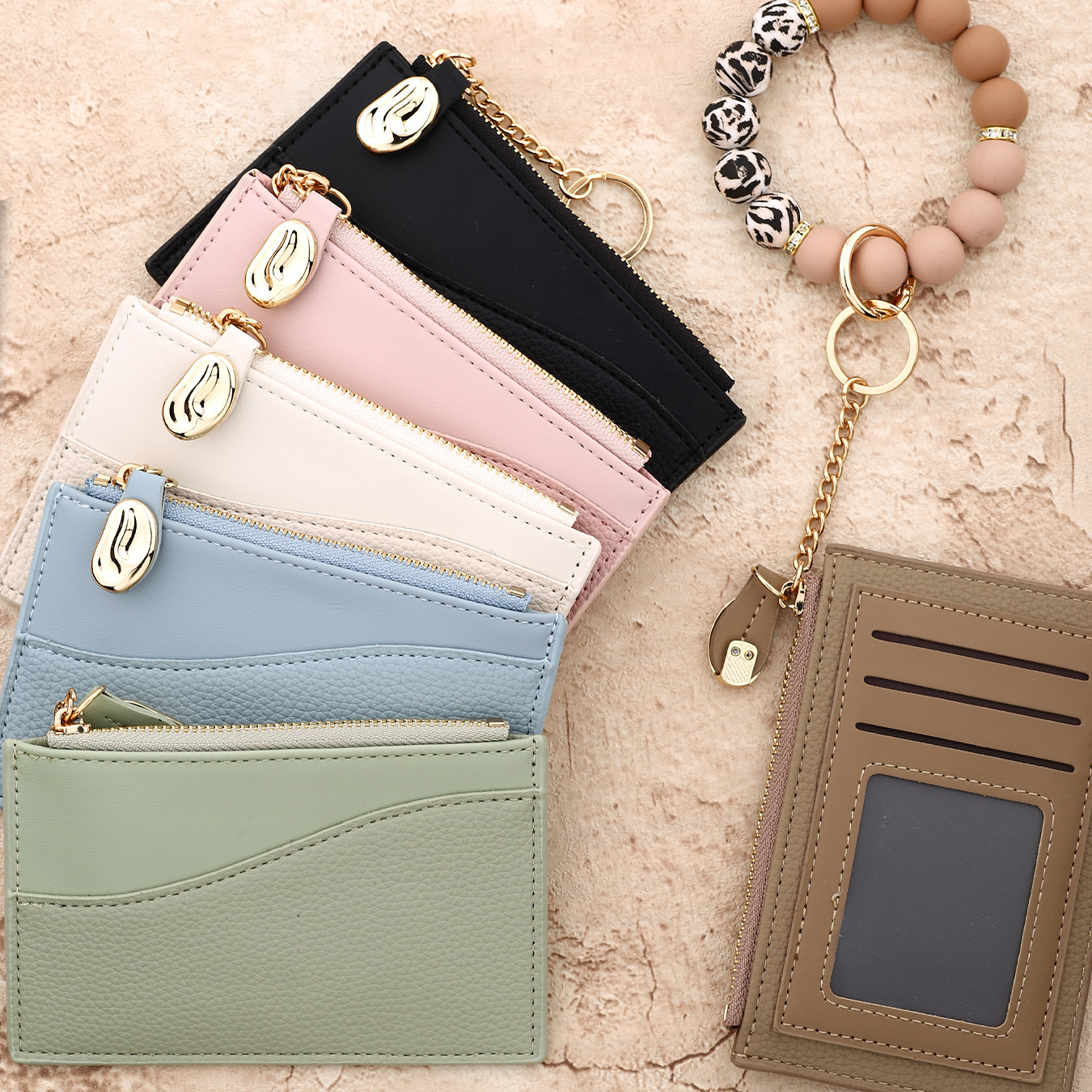 26 Cross-border Spot Goods Simple and Stylish Small Wallet Card Holder Bank Card Cover Silicone Bead Bracelet Leather Women's Wallet