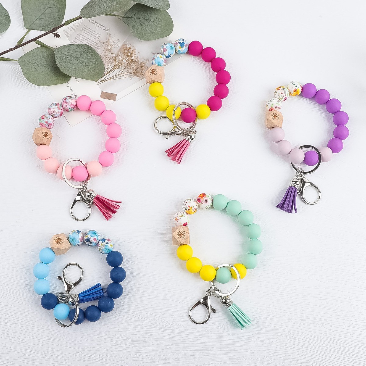 New cross-border silicone beaded bracelet tassel rainbow pendant bangle keychain bag charm wholesale