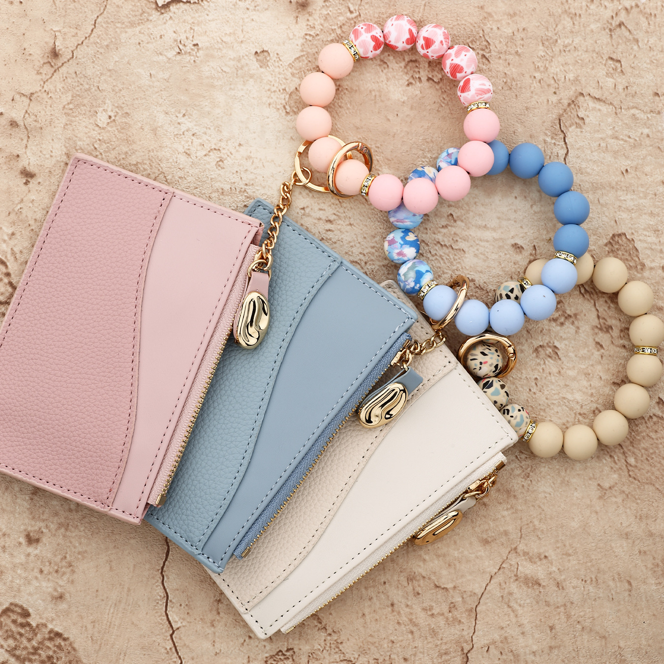 26 Cross-border Spot Goods Simple and Stylish Small Wallet Card Holder Bank Card Cover Silicone Bead Bracelet Leather Women's Wallet