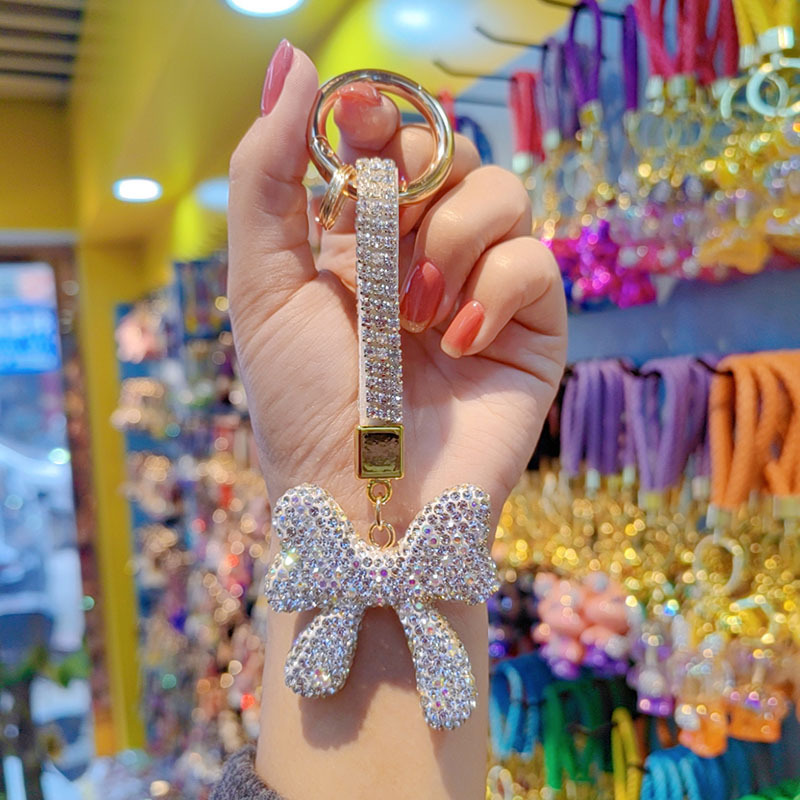 Clay rhinestone bow car chain ring keychain pendant couple bag charm small gift wholesale