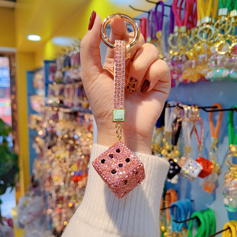 Korean style full rhinestone dice keychain, cute and fashionable women's bag hanger, car key chain ring ornament wholesale.