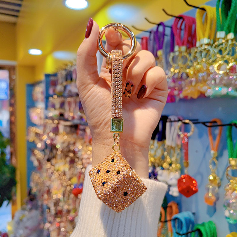 Korean style full rhinestone dice keychain, cute and fashionable women's bag hanger, car key chain ring ornament wholesale.
