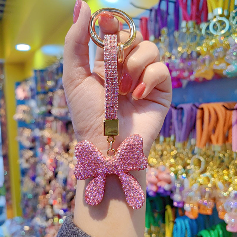 Clay rhinestone bow car chain ring keychain pendant couple bag charm small gift wholesale