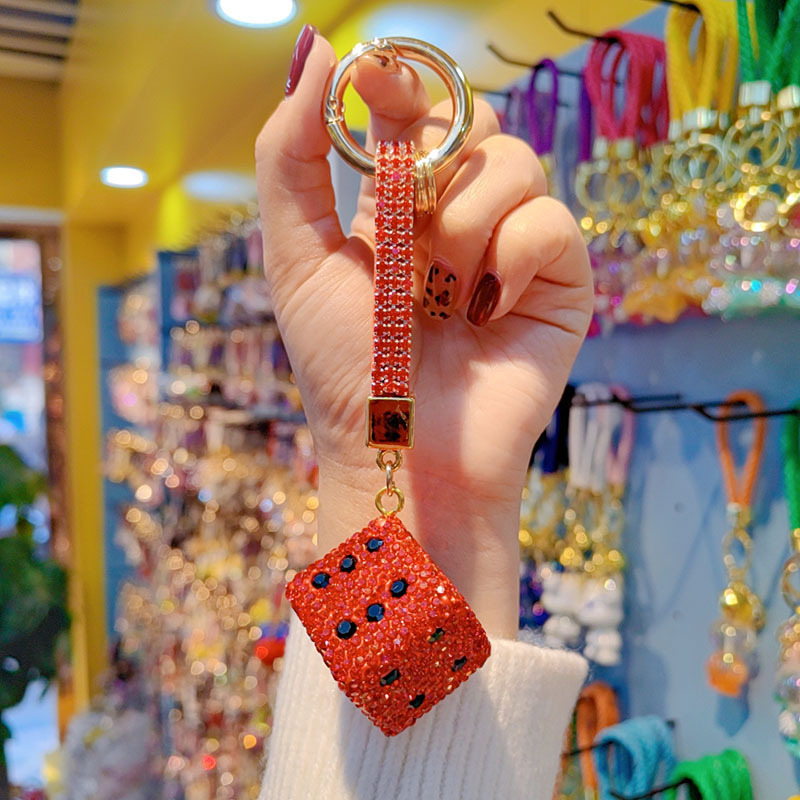 Korean style full rhinestone dice keychain, cute and fashionable women's bag hanger, car key chain ring ornament wholesale.