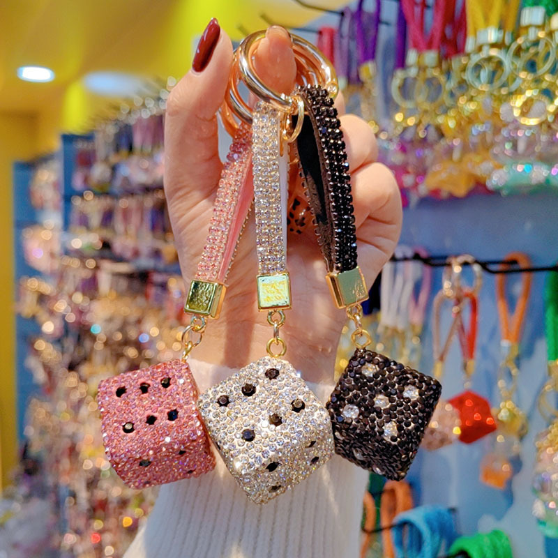 Korean style full rhinestone dice keychain, cute and fashionable women's bag hanger, car key chain ring ornament wholesale.