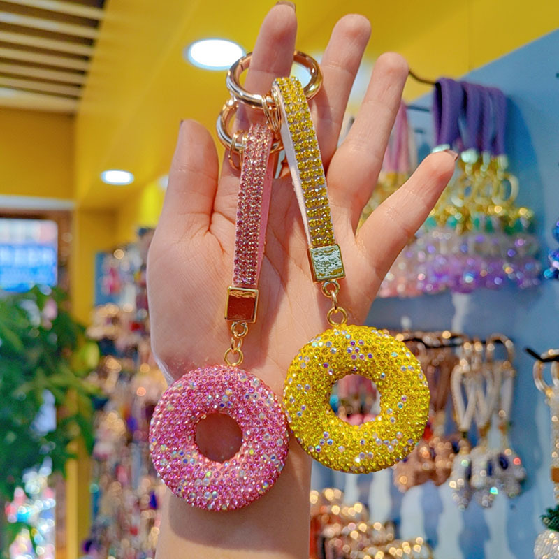 Clay rhinestone donut car chain ring keychain pendant couple bag charm small gift wholesale