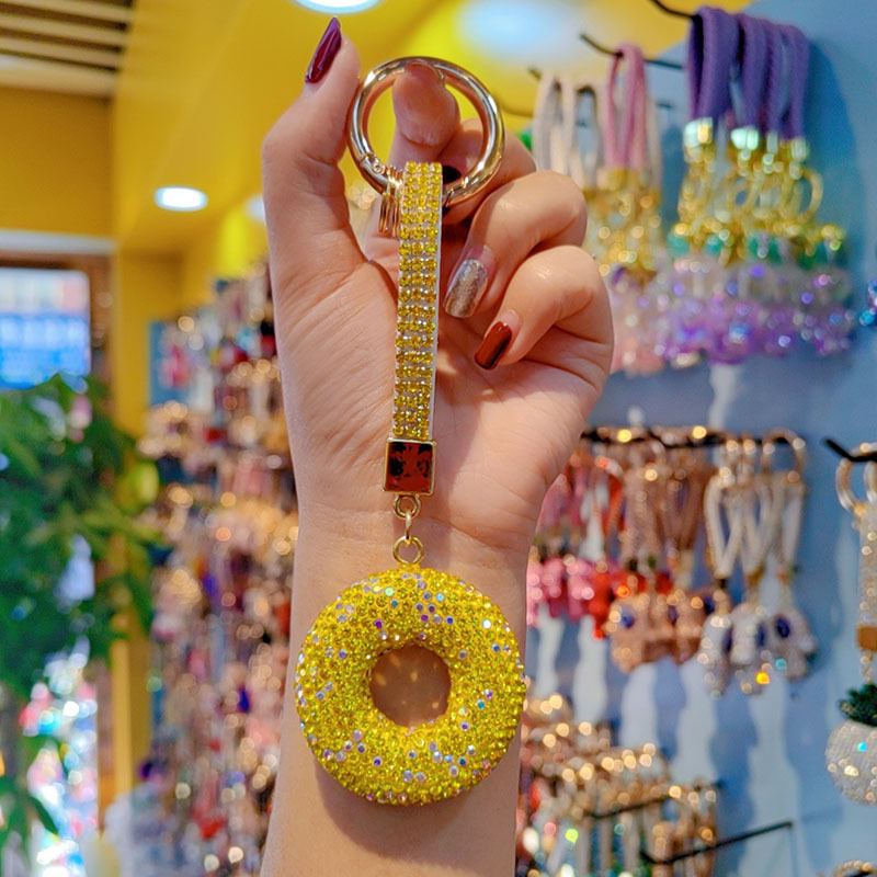 Clay rhinestone donut car chain ring keychain pendant couple bag charm small gift wholesale