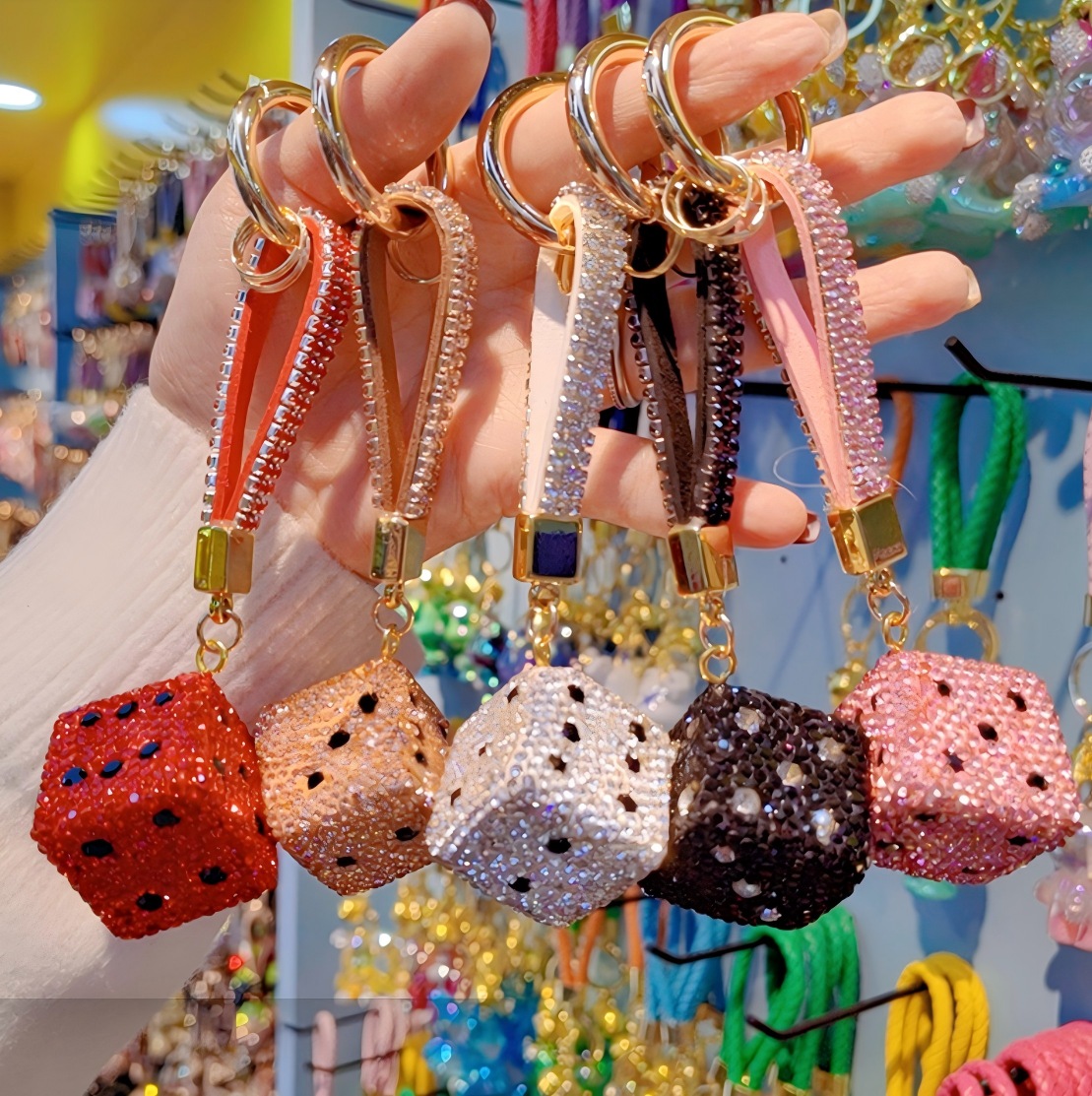 Luxury full-diamond dice keychain, diamond-encrusted dice pendant, street style small gift accessory.