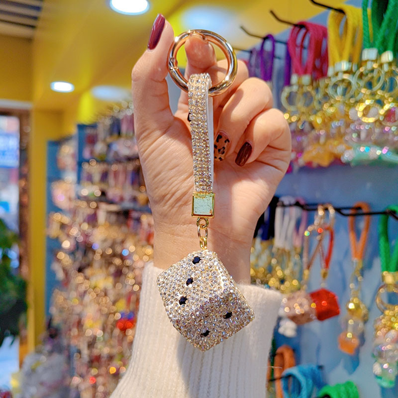 Korean style full rhinestone dice keychain, cute and fashionable women's bag hanger, car key chain ring ornament wholesale.