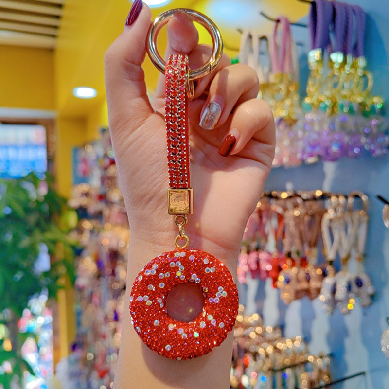 Clay rhinestone donut car chain ring keychain pendant couple bag charm small gift wholesale