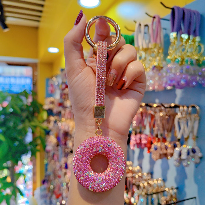 Clay rhinestone donut car chain ring keychain pendant couple bag charm small gift wholesale