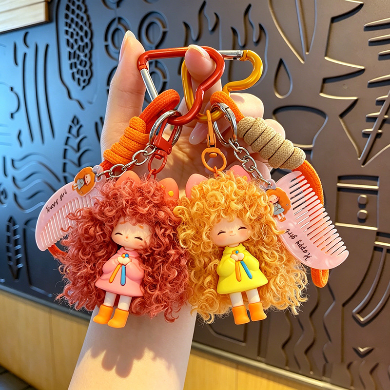 Cartoon Cool Frizzy Girl Keychain Pendant Milk Puff Doll Women's Bag Charm Small Gift Key Ring