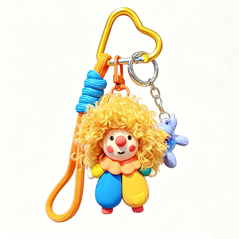 Trendy and cool cartoon clown with curly hair, plush toy, women's bag charm, small gift keychain