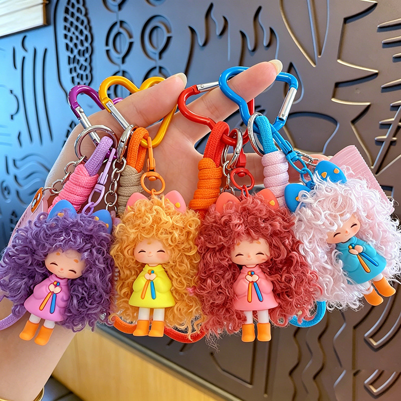 Cartoon Cool Frizzy Girl Keychain Pendant Milk Puff Doll Women's Bag Charm Small Gift Key Ring